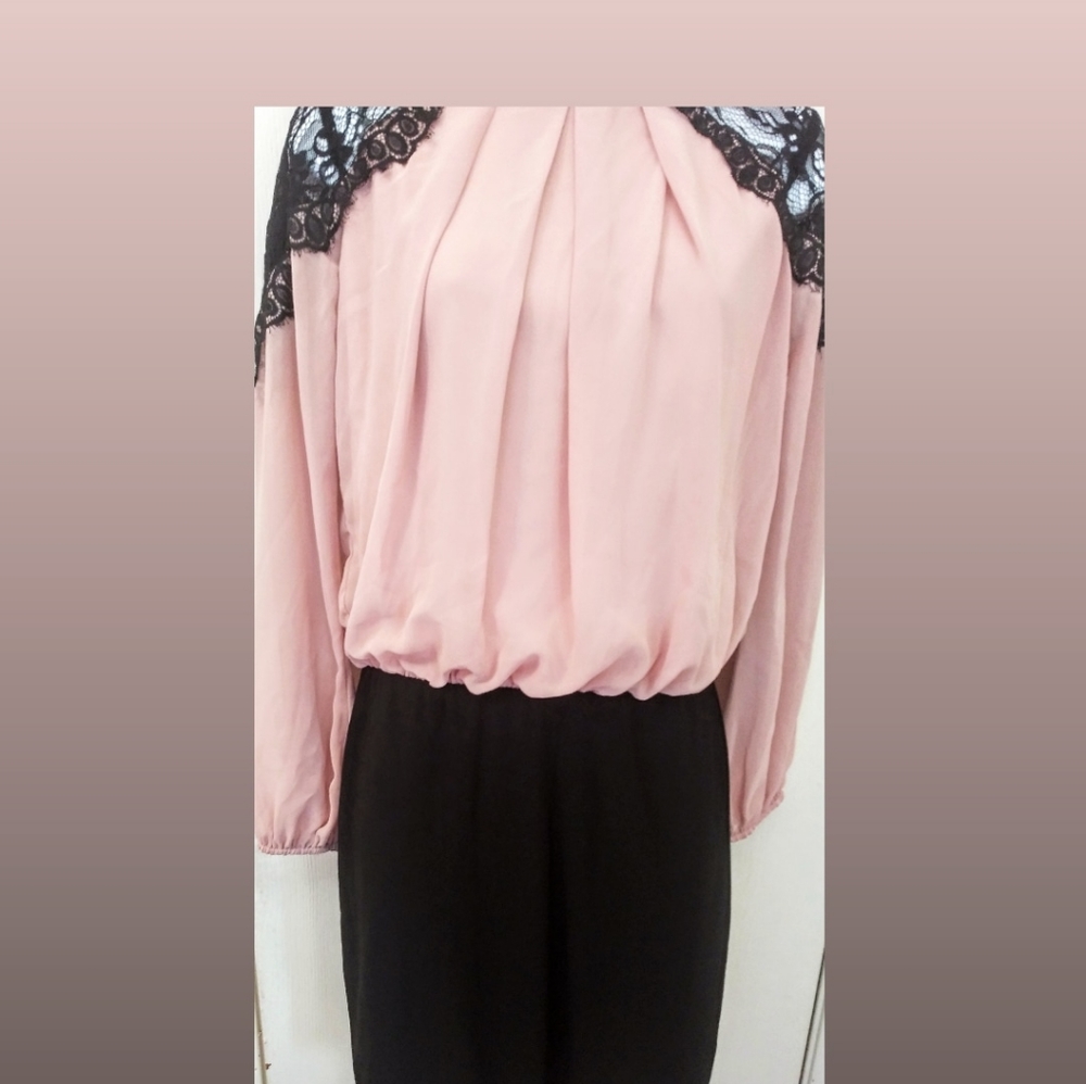 BISOU BISOU  pink& black  shoulder eyelet dress